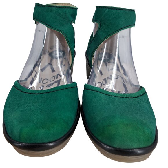 Fly London Piat Green Leather Wedge Ankle Strap Shoes Size 38 US 7.5-8 Mary Jane - Picture 2 of 13